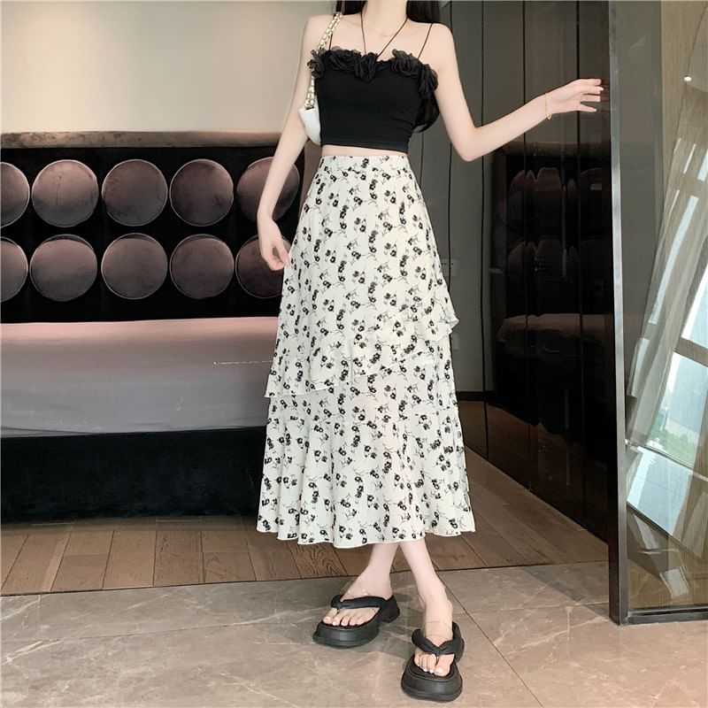 Tiered High Midi Rise Floral Slit A-Line Skirt