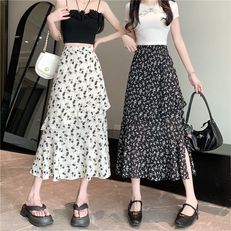 Tiered High Midi Rise Floral Slit A-Line Skirt