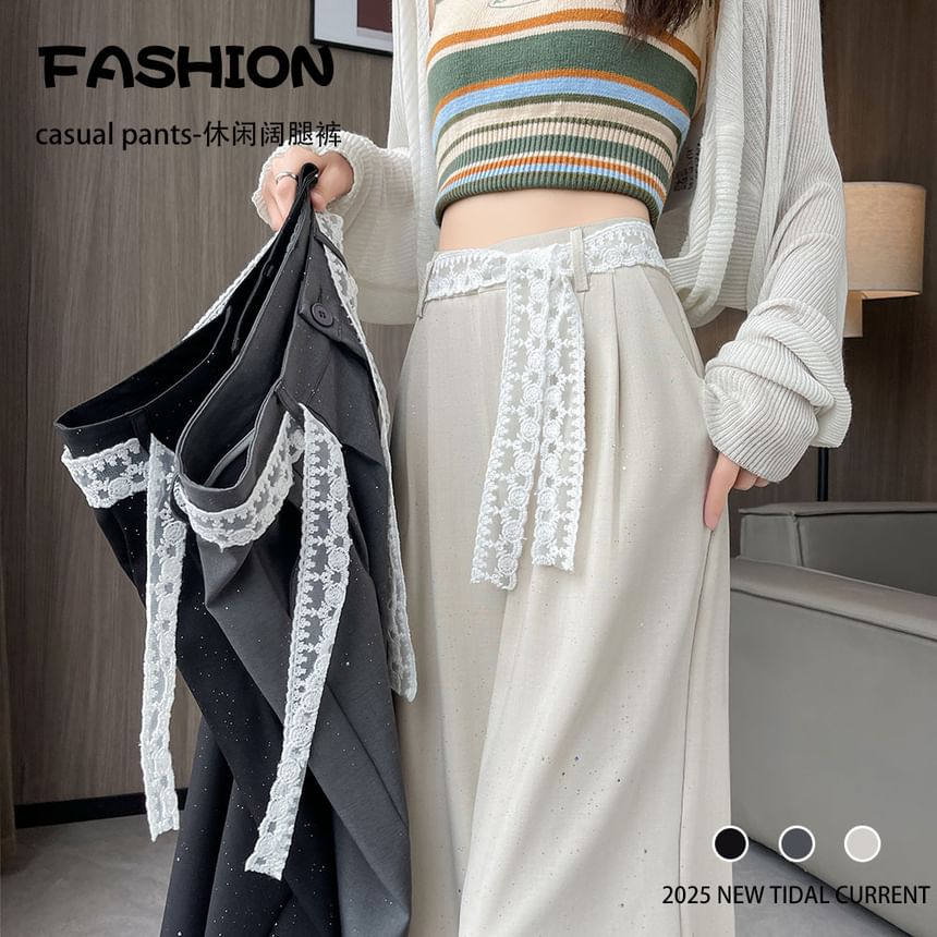 Waist Leg Designs) Panel High Pants Lace Wide (Various Dress Sequin