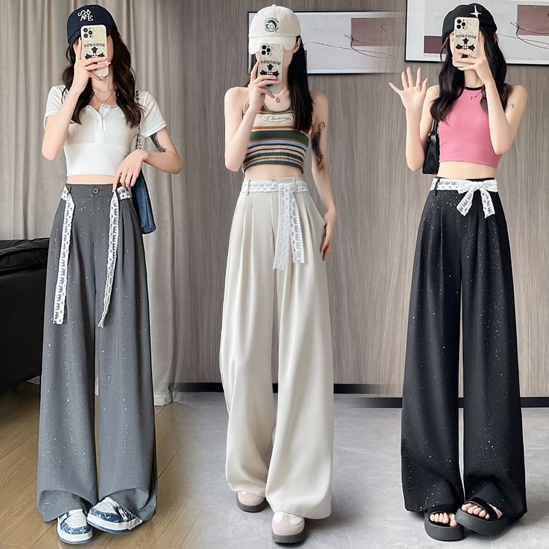 Waist Leg Designs) Panel High Pants Lace Wide (Various Dress Sequin