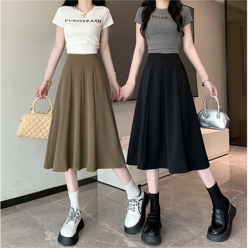 Skirt Midi Waist A-Line High Plain