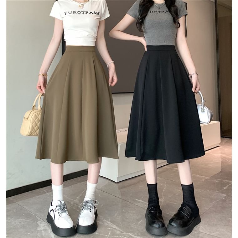 Skirt Midi Waist A-Line High Plain