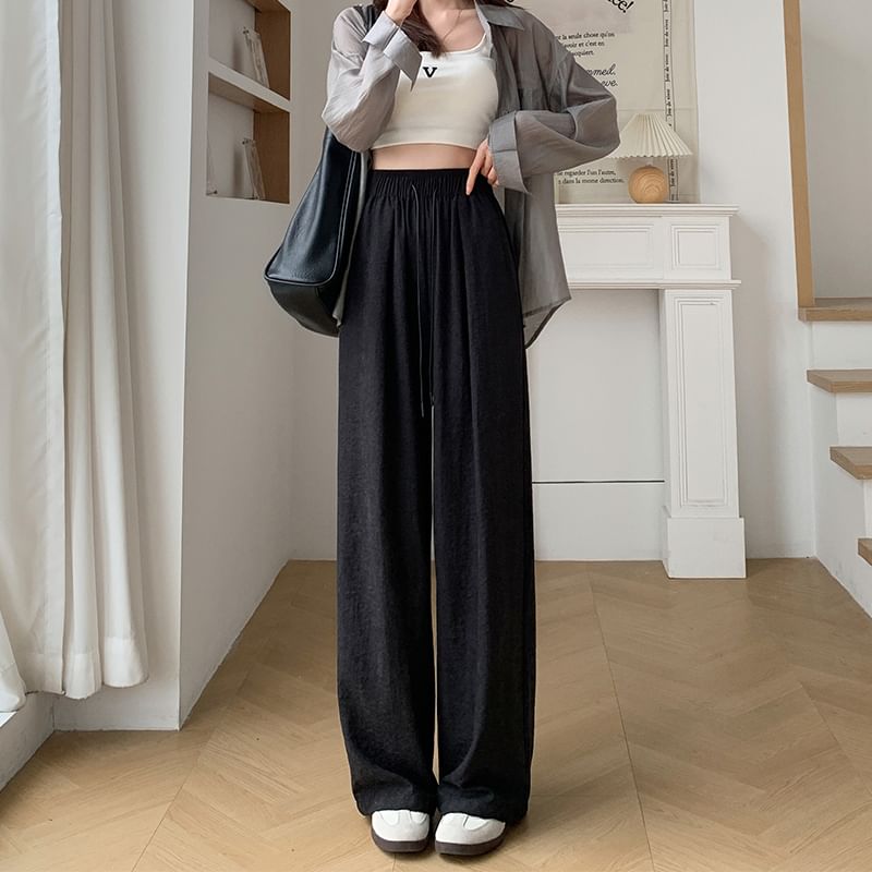 Drawstring Leg Wide Waist Pants Plain
