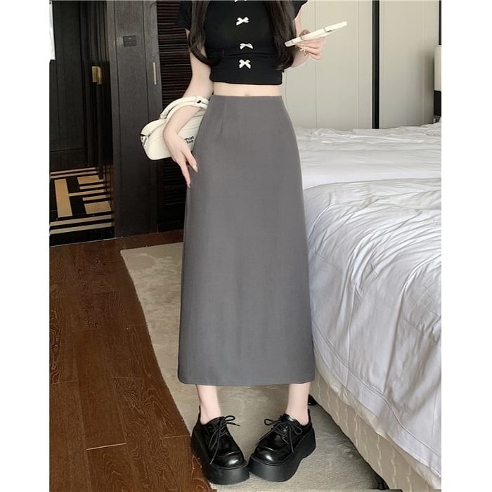 Skirt Plain Midi Rise High Slit A-Line