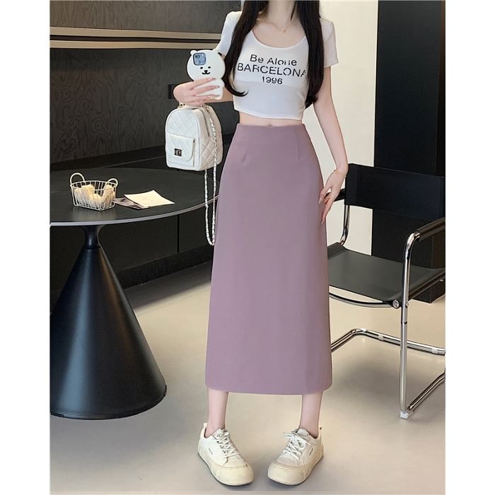 Skirt Plain Midi Rise High Slit A-Line