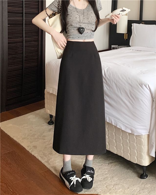 Skirt Plain Midi Rise High Slit A-Line
