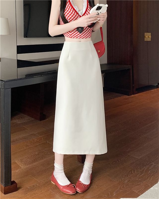 Skirt Plain Midi Rise High Slit A-Line