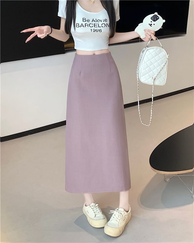 Skirt Plain Midi Rise High Slit A-Line