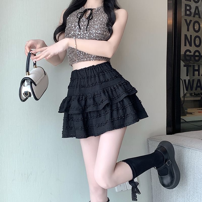 Tiered Balletcore Plain Skirt Mini Elastic Waist A-Line