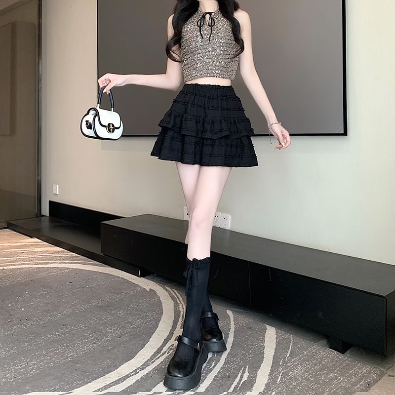 Tiered Balletcore Plain Skirt Mini Elastic Waist A-Line