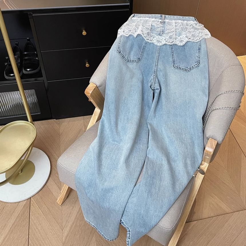 Wide Waist High Washed Jeans Lace Panel Leg