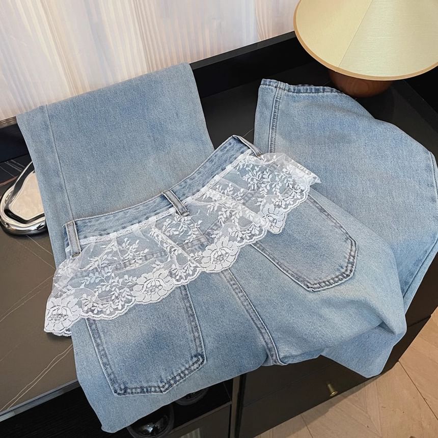 Wide Waist High Washed Jeans Lace Panel Leg