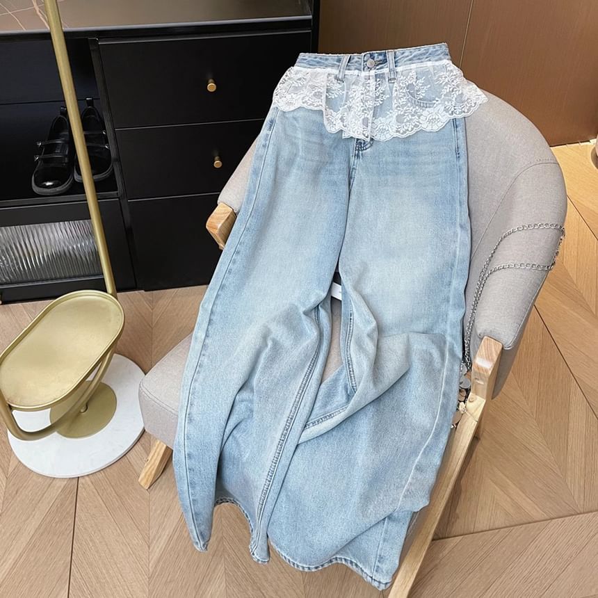 Wide Waist High Washed Jeans Lace Panel Leg