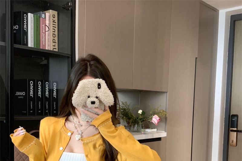 Cardigan Stitching Plain Top Crop Front Neck Tie Ribbed Contrast Round Knit Tank /