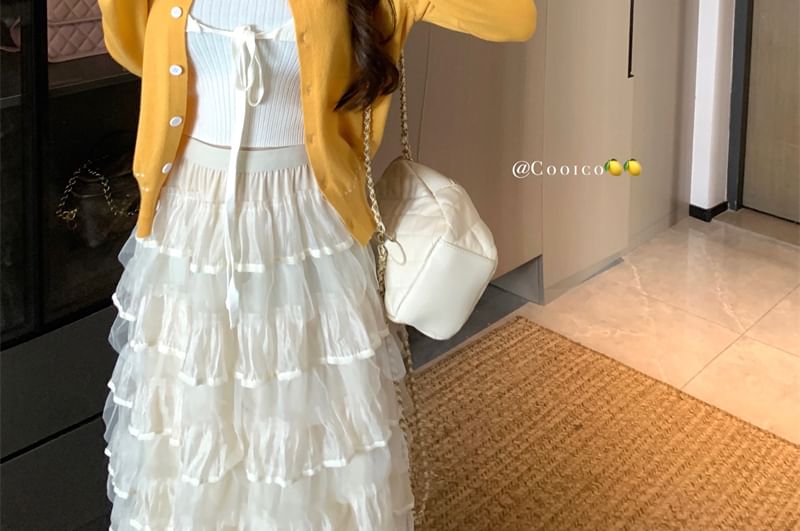 Cardigan Stitching Plain Top Crop Front Neck Tie Ribbed Contrast Round Knit Tank /