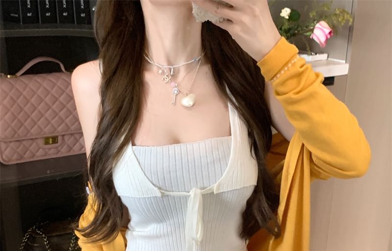 Cardigan Stitching Plain Top Crop Front Neck Tie Ribbed Contrast Round Knit Tank /