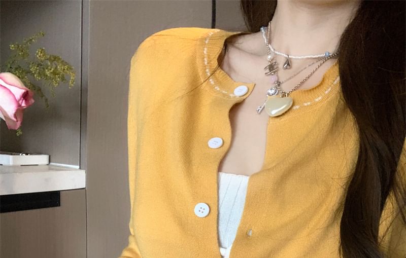 Cardigan Stitching Plain Top Crop Front Neck Tie Ribbed Contrast Round Knit Tank /