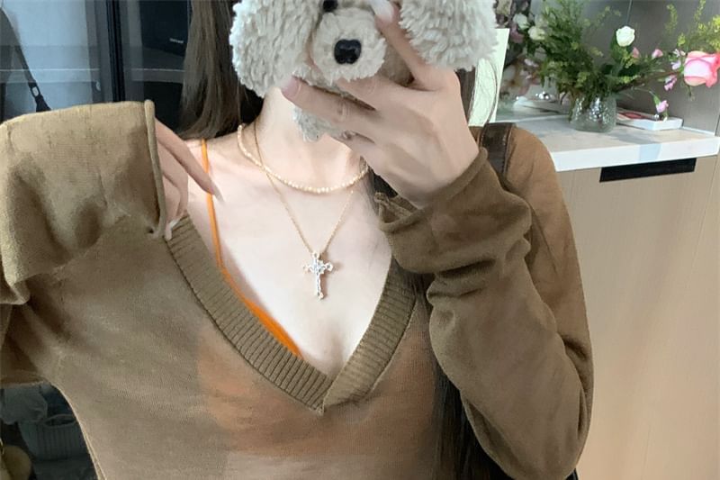 Top Long-Sleeve V-Neck Knit / Bralette Plain
