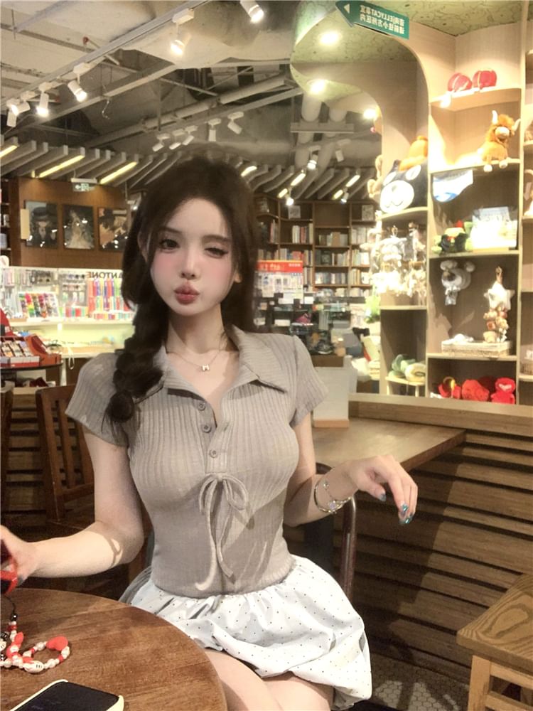 Mock Two-Piece Hem Short-Sleeve Ribbed Bubble Dress Bow A-Line Panel Collar Mini Knit