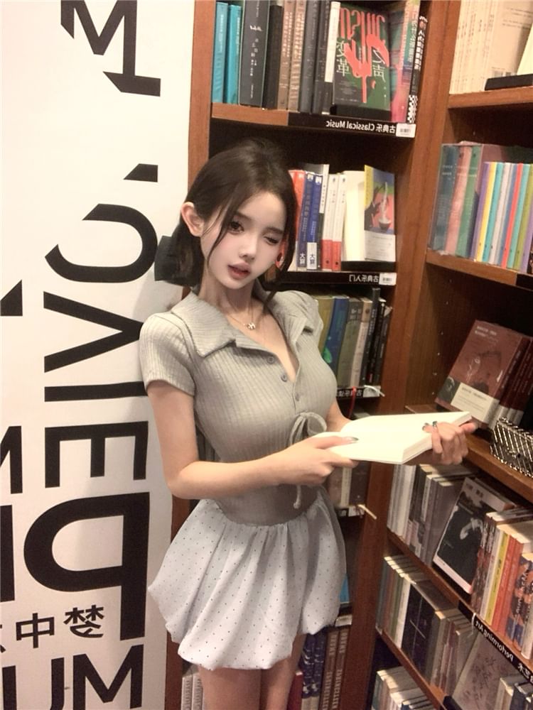 Mock Two-Piece Hem Short-Sleeve Ribbed Bubble Dress Bow A-Line Panel Collar Mini Knit