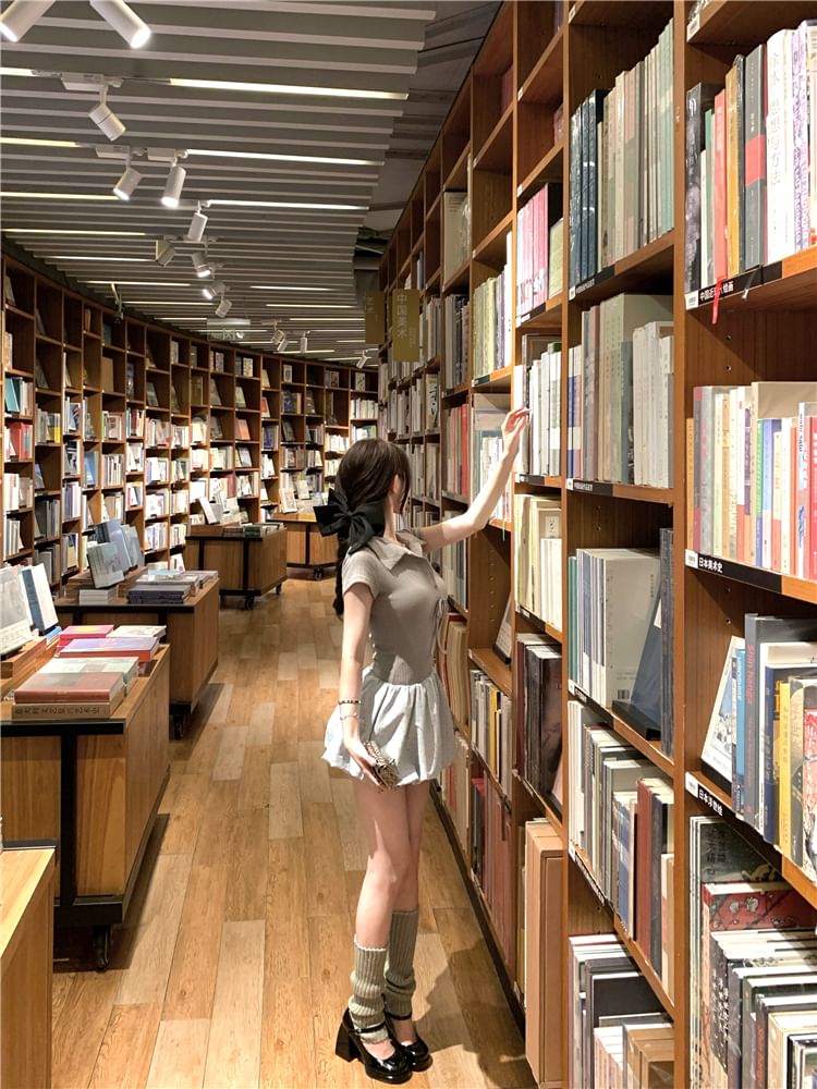 Mock Two-Piece Hem Short-Sleeve Ribbed Bubble Dress Bow A-Line Panel Collar Mini Knit