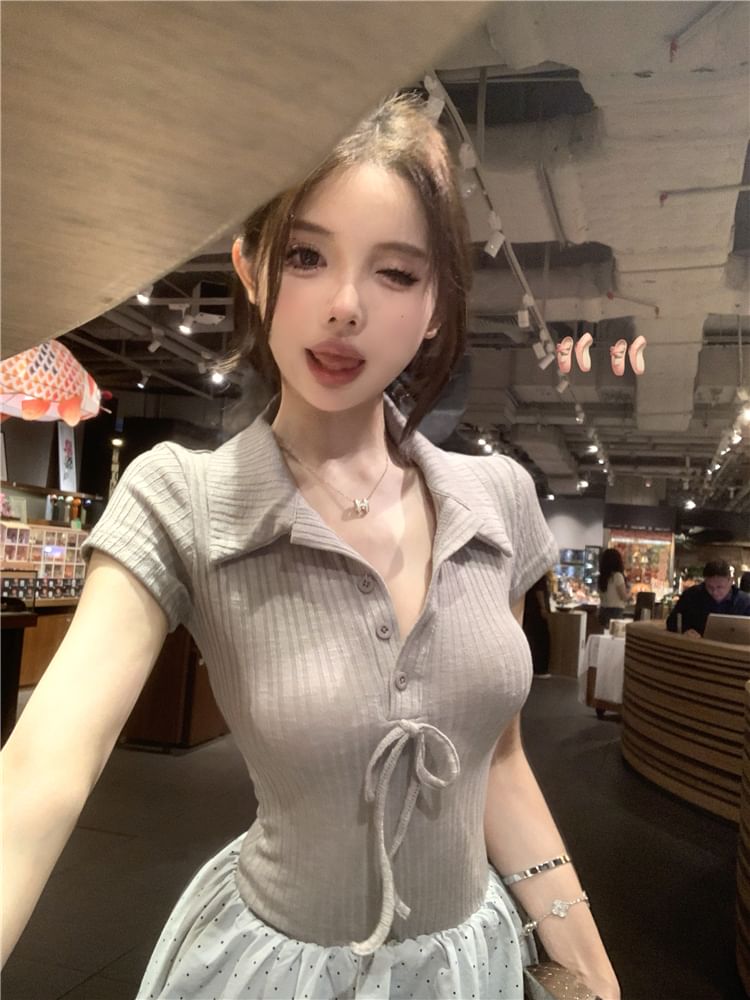 Mock Two-Piece Hem Short-Sleeve Ribbed Bubble Dress Bow A-Line Panel Collar Mini Knit