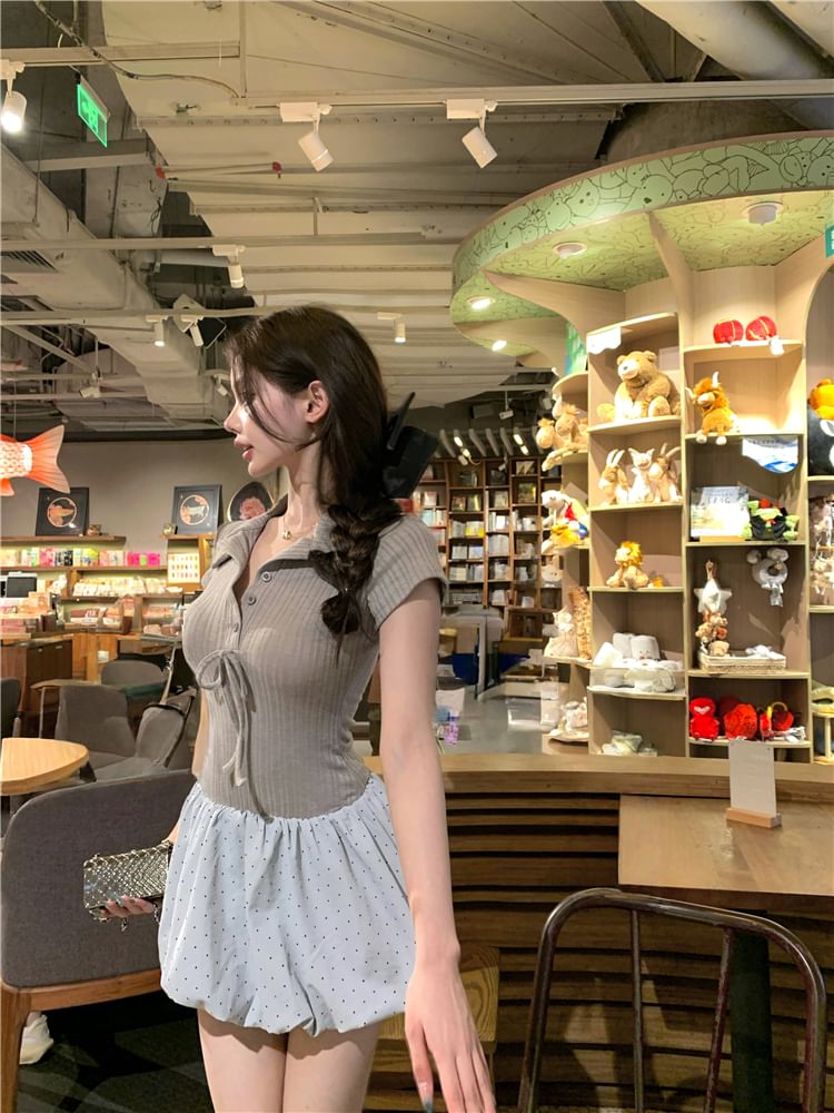 Mock Two-Piece Hem Short-Sleeve Ribbed Bubble Dress Bow A-Line Panel Collar Mini Knit