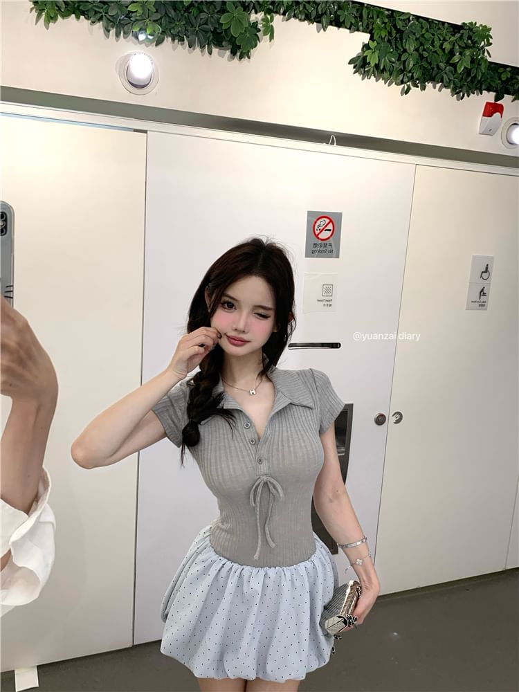 Mock Two-Piece Hem Short-Sleeve Ribbed Bubble Dress Bow A-Line Panel Collar Mini Knit