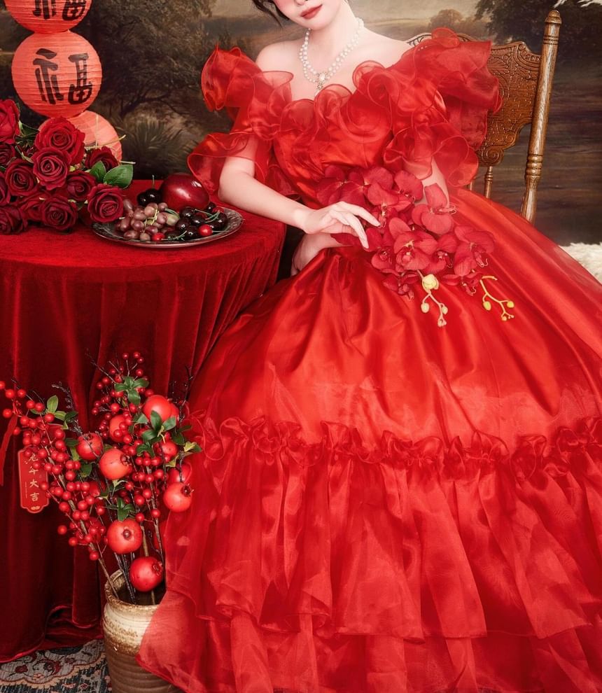 Gown Ruffled A-Line Evening Off-Shoulder