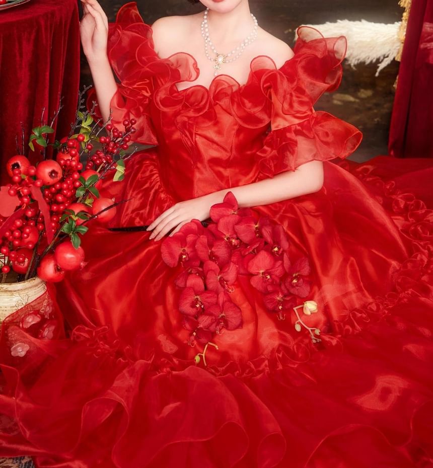 Gown Ruffled A-Line Evening Off-Shoulder