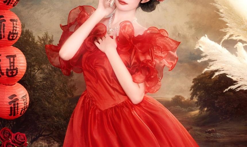 Gown Ruffled A-Line Evening Off-Shoulder