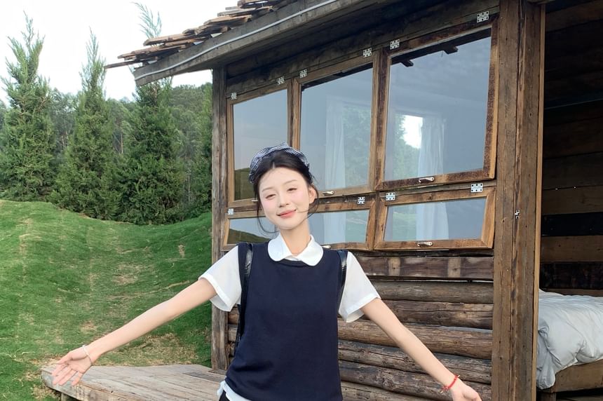 Collared Shirt Short High Plain Waist Mini / Skirt Vest Round Neck A-Line Sweater Sleeve