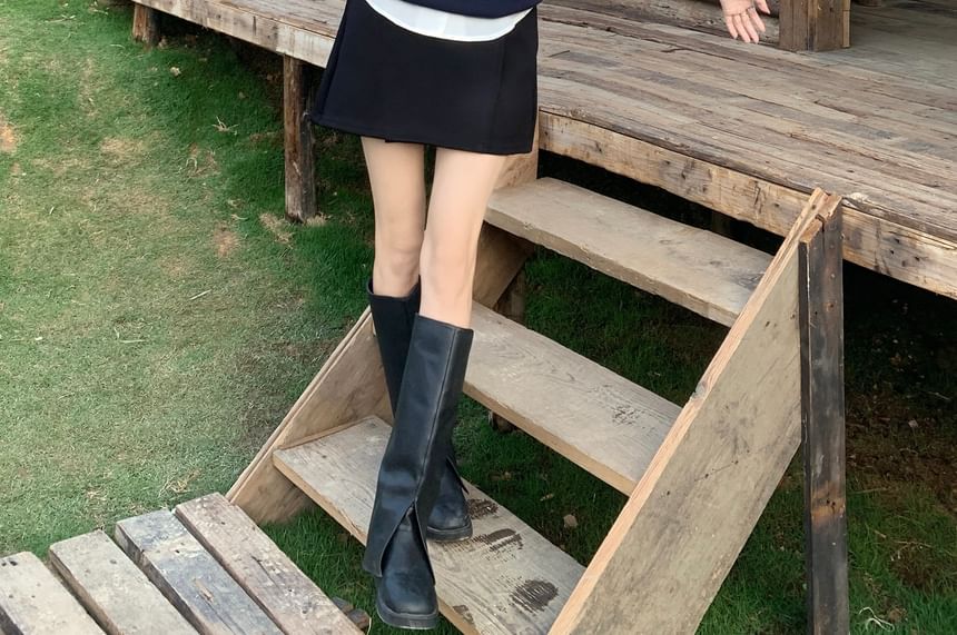 Collared Shirt Short High Plain Waist Mini / Skirt Vest Round Neck A-Line Sweater Sleeve