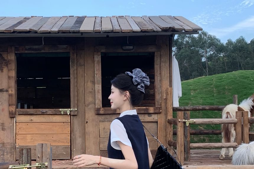 Collared Shirt Short High Plain Waist Mini / Skirt Vest Round Neck A-Line Sweater Sleeve