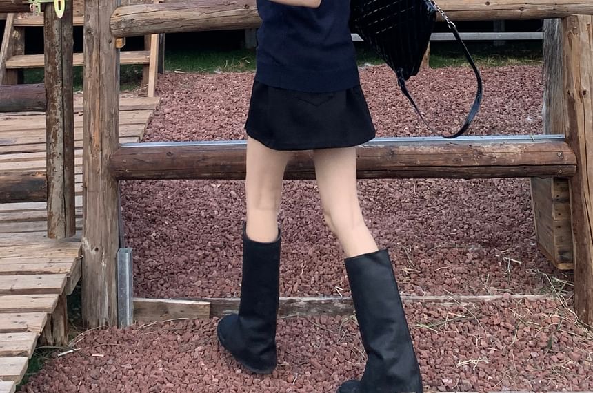 Collared Shirt Short High Plain Waist Mini / Skirt Vest Round Neck A-Line Sweater Sleeve