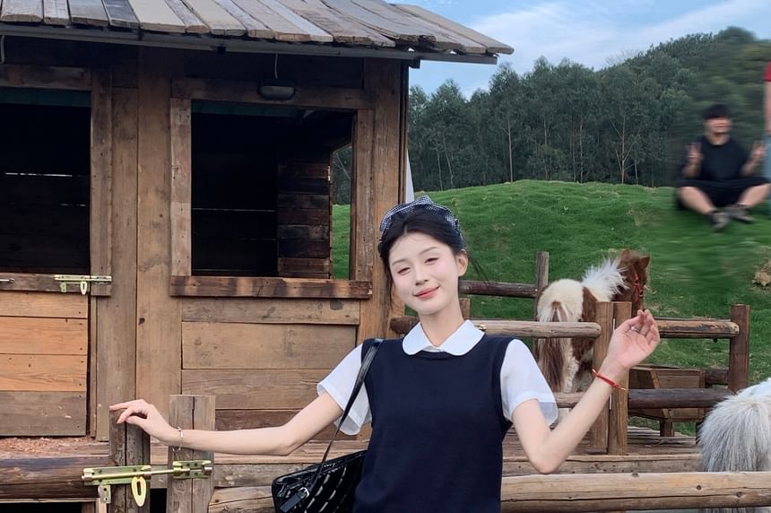 Collared Shirt Short High Plain Waist Mini / Skirt Vest Round Neck A-Line Sweater Sleeve