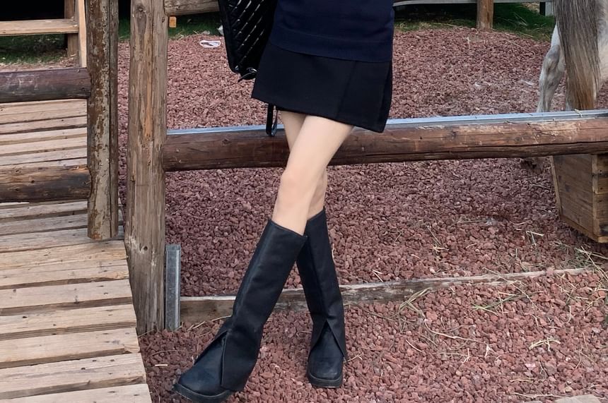 Collared Shirt Short High Plain Waist Mini / Skirt Vest Round Neck A-Line Sweater Sleeve