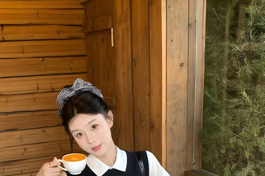 Collared Shirt Short High Plain Waist Mini / Skirt Vest Round Neck A-Line Sweater Sleeve