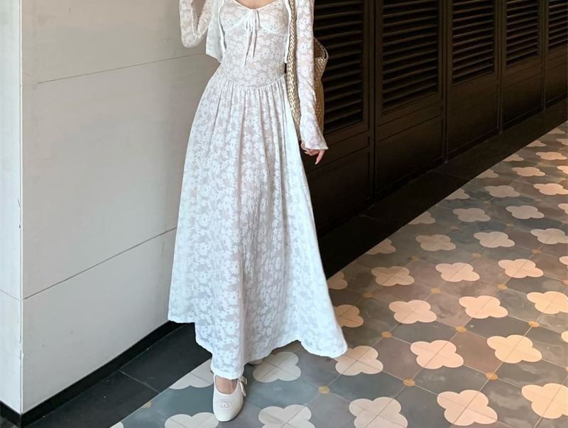 Maxi A-Line Floral Dress Jacquard Strap Bolero / Spaghetti