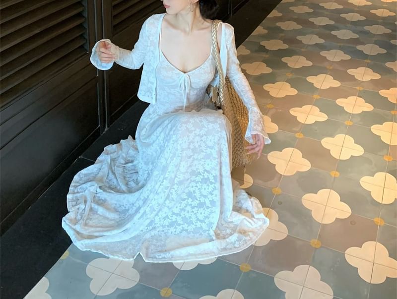 Maxi A-Line Floral Dress Jacquard Strap Bolero / Spaghetti