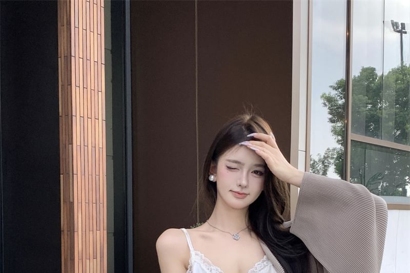 Front High Plain Jacket Camisole Lace Maxi / Top Skirt Pencil Waist Open V-Neck Trim Fringe