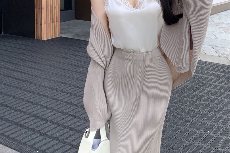 Front High Plain Jacket Camisole Lace Maxi / Top Skirt Pencil Waist Open V-Neck Trim Fringe