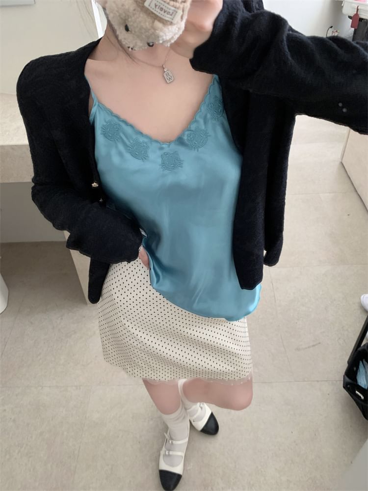 Skirt Dotted Top Embroidered V-Neck Cami Satin Plain Rise Pencil / Cardigan Mini High