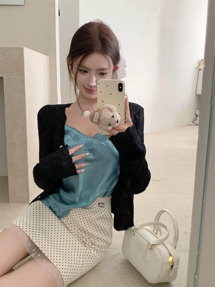 Skirt Dotted Top Embroidered V-Neck Cami Satin Plain Rise Pencil / Cardigan Mini High