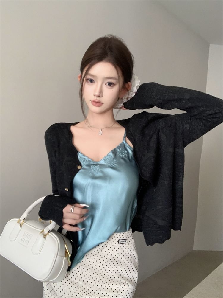 Skirt Dotted Top Embroidered V-Neck Cami Satin Plain Rise Pencil / Cardigan Mini High