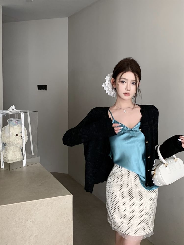 Skirt Dotted Top Embroidered V-Neck Cami Satin Plain Rise Pencil / Cardigan Mini High