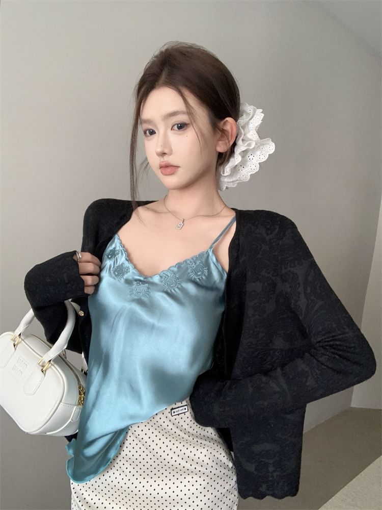 Skirt Dotted Top Embroidered V-Neck Cami Satin Plain Rise Pencil / Cardigan Mini High