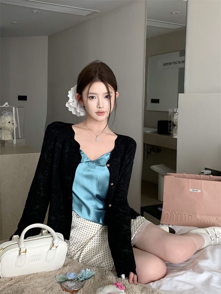 Skirt Dotted Top Embroidered V-Neck Cami Satin Plain Rise Pencil / Cardigan Mini High