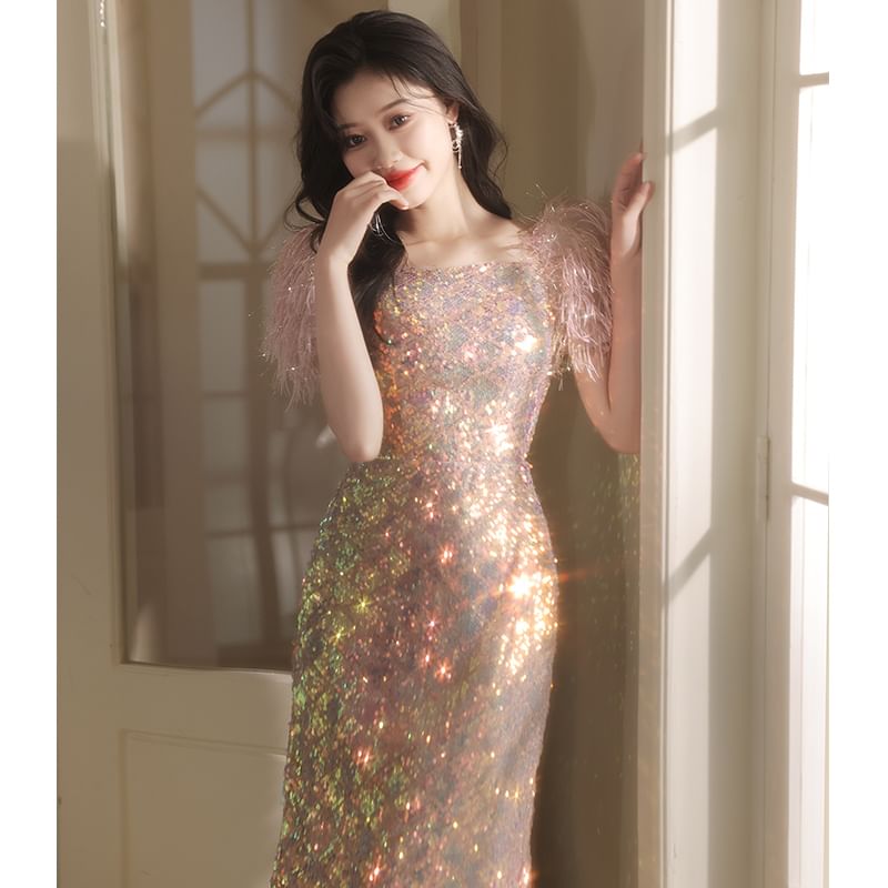 Square (Various Evening Gown Sequined Feather Sheath Neck Designs) Short-Sleeve