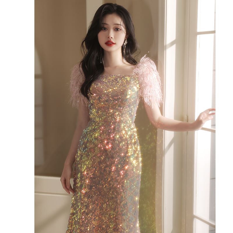 Square (Various Evening Gown Sequined Feather Sheath Neck Designs) Short-Sleeve
